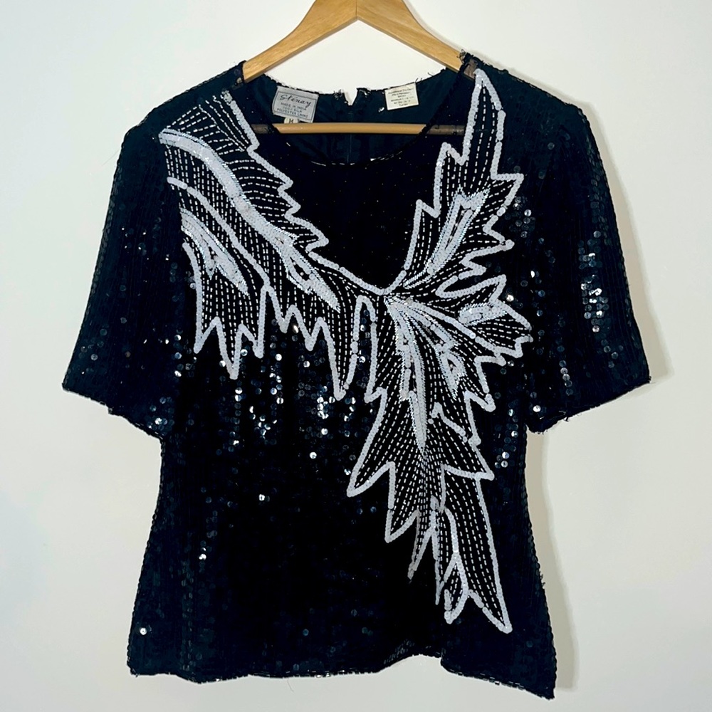Stenay Vintage silk sequin top, black with white sequin